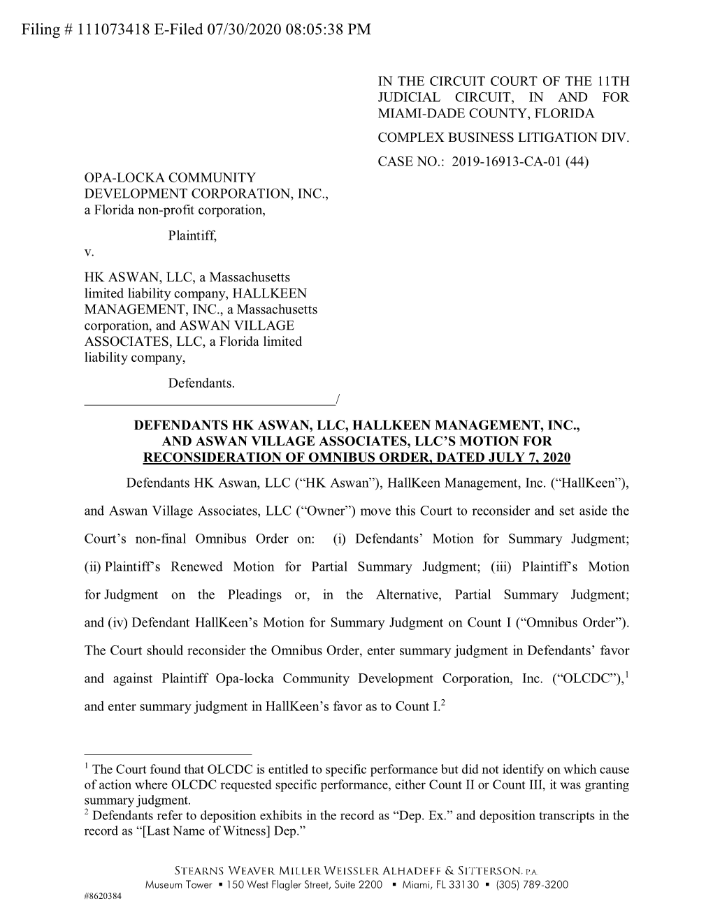 Filing # 111073418 E-Filed 07/30/2020 08:05:38 PM