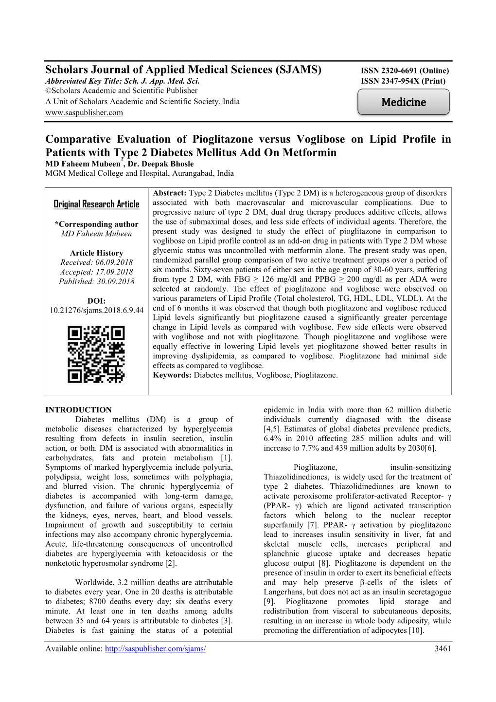 (SJAMS) Comparative Evaluation of Pioglitazone Versus Voglibose On