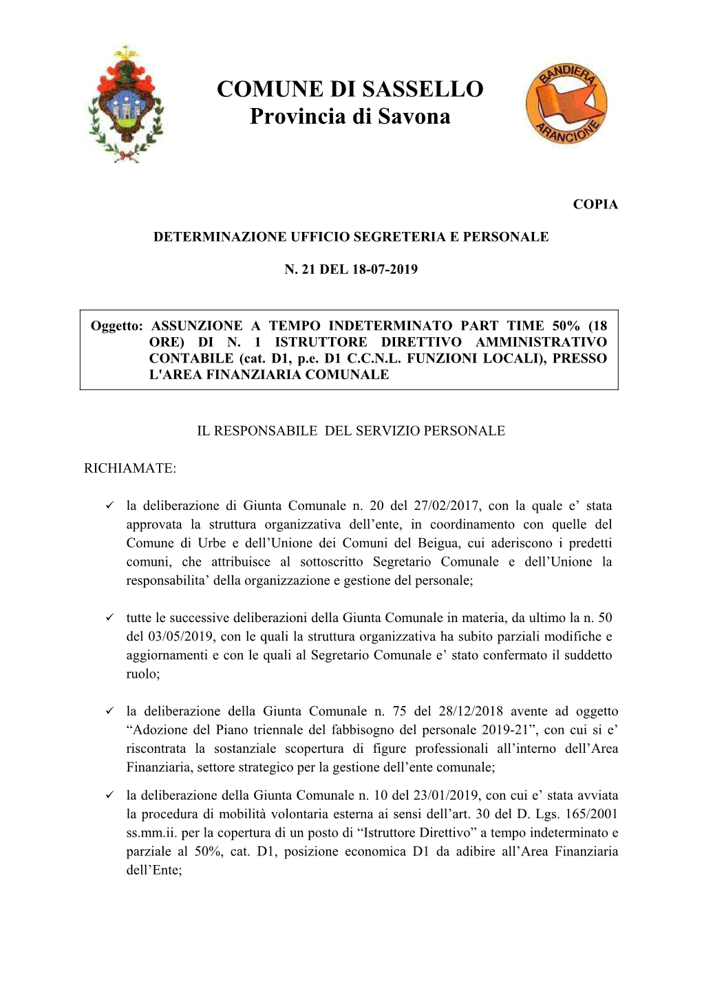 Page 1 COMUNE DI SASSELLO Provincia Di Savona COPIA