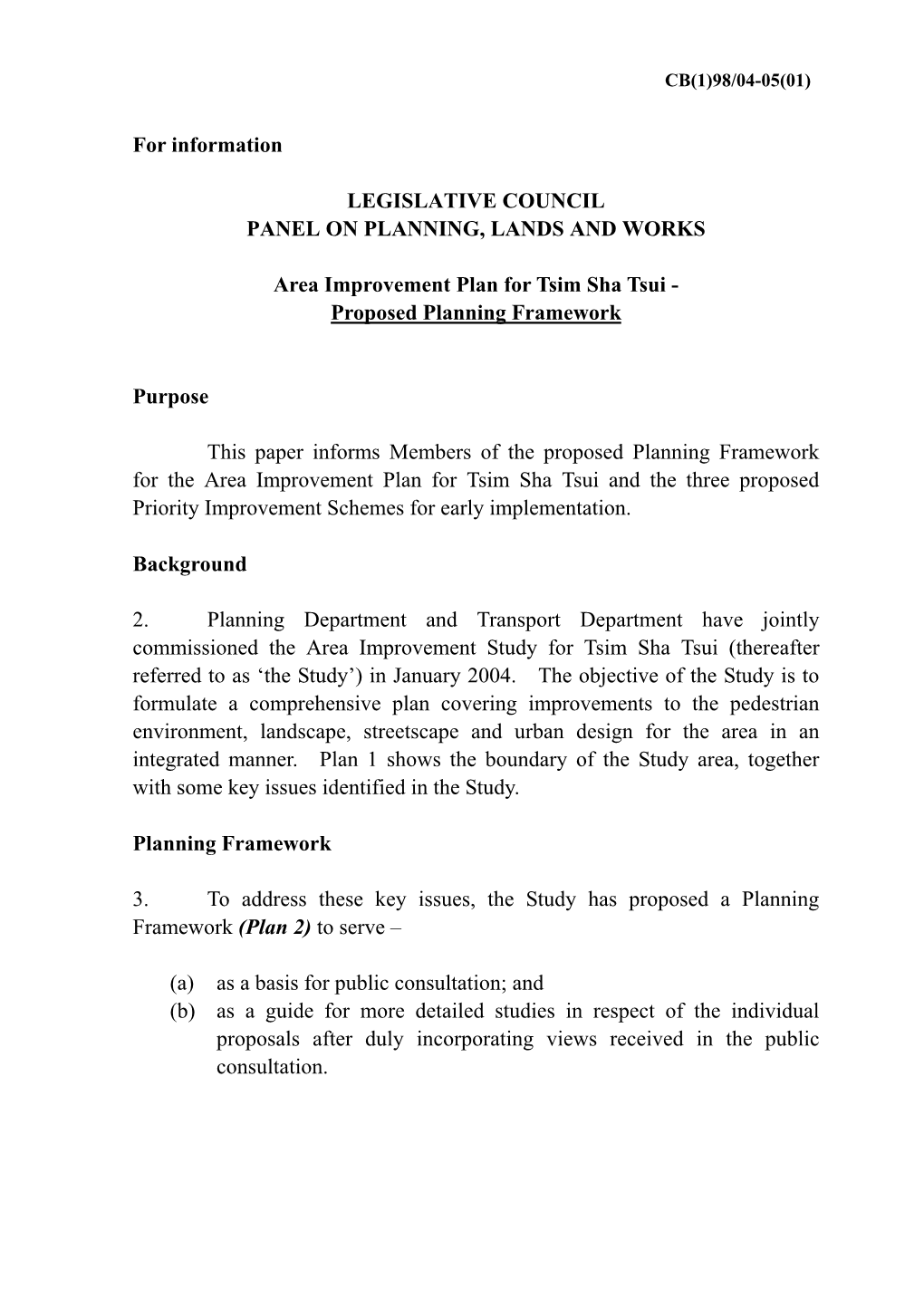 Area Improvement Plan for Tsim Sha Tsui - Proposed Planning Framework