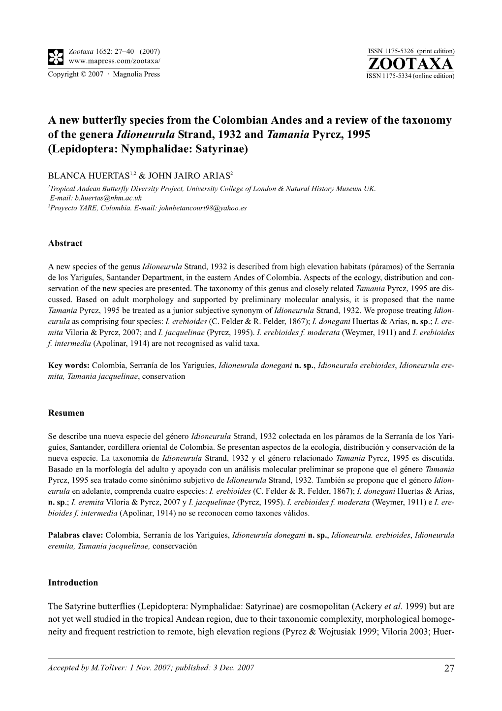 Zootaxa,A New Butterfly Species from the Colombian Andes and a Review of the Taxonomy