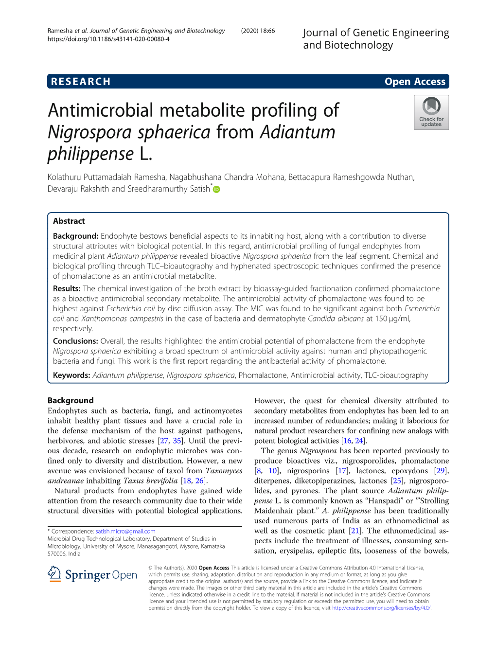 Antimicrobial Metabolite Profiling of Nigrospora Sphaerica from Adiantum Philippense L