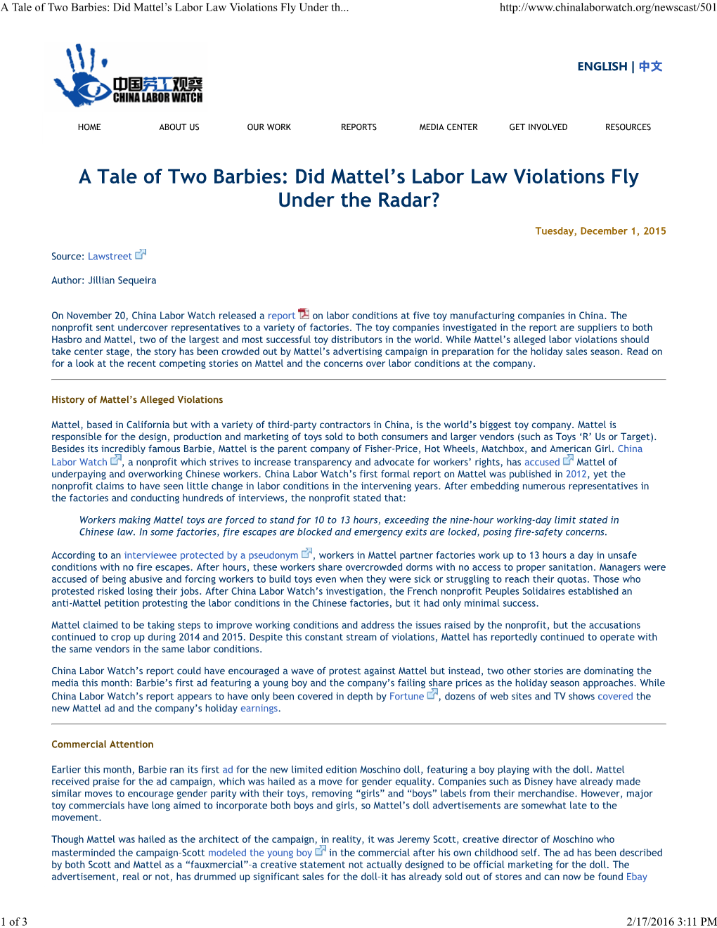 A Tale of Two Barbies: Did Mattel's Labor Law Violations Fly Under The