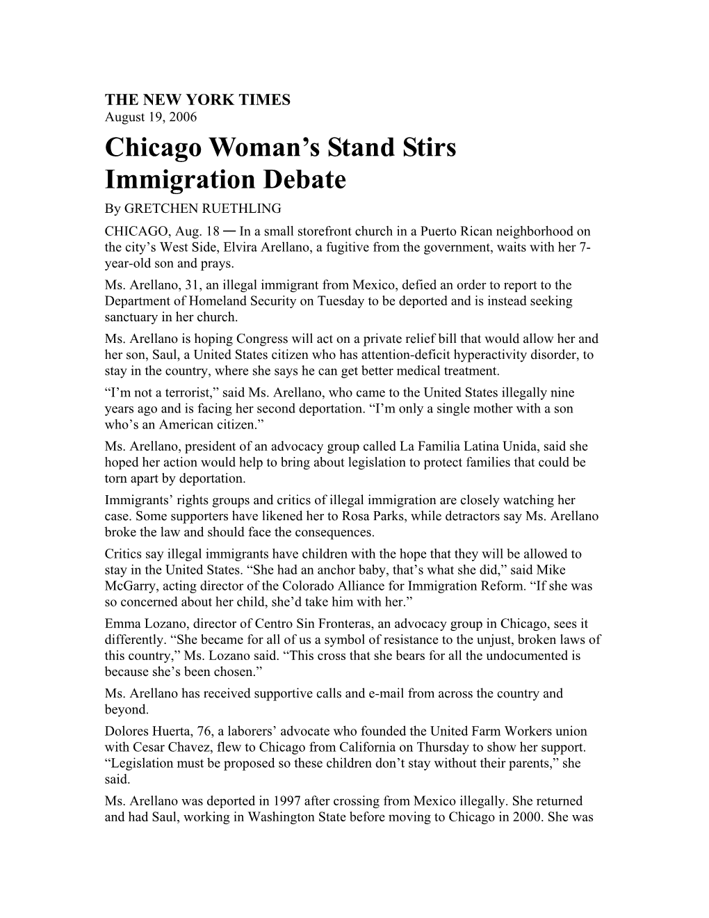 Chicago Woman's Stand Stirs Immigration Debate