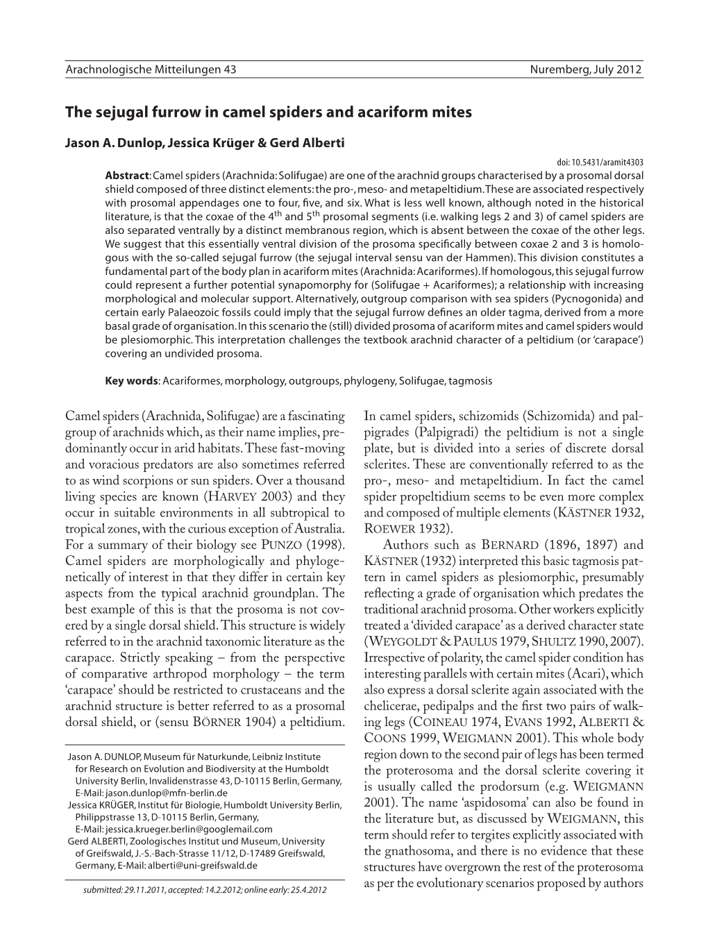 The Sejugal Furrow in Camel Spiders and Acariform Mites