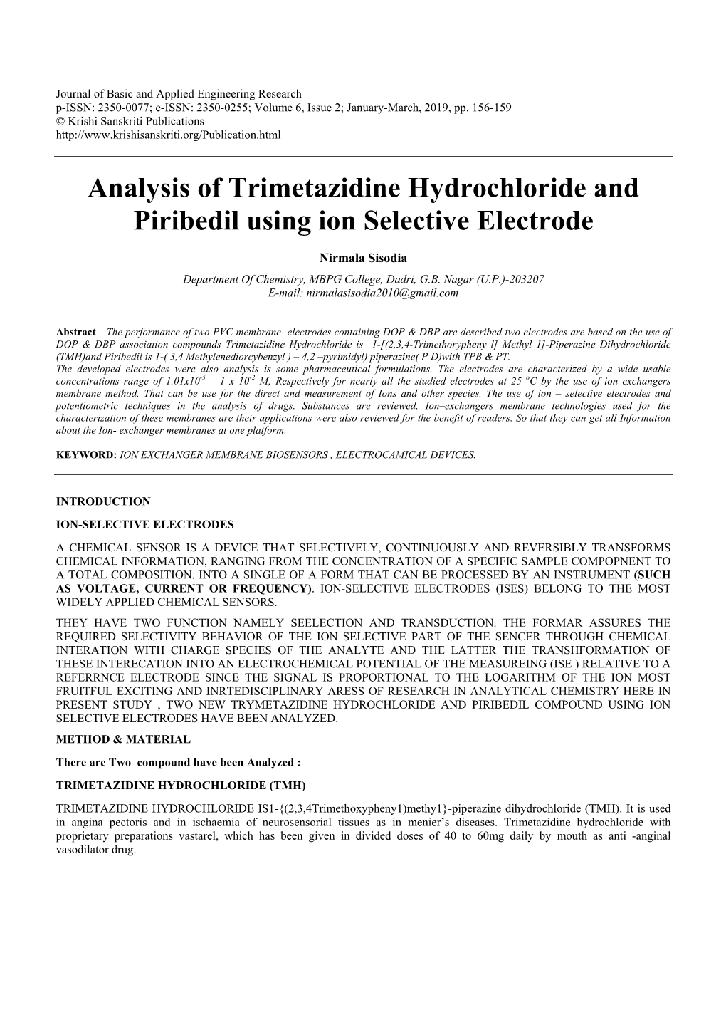 Analysis of Trimetazidine Hydrochloride and Piribedil Using Ion Selective Electrode