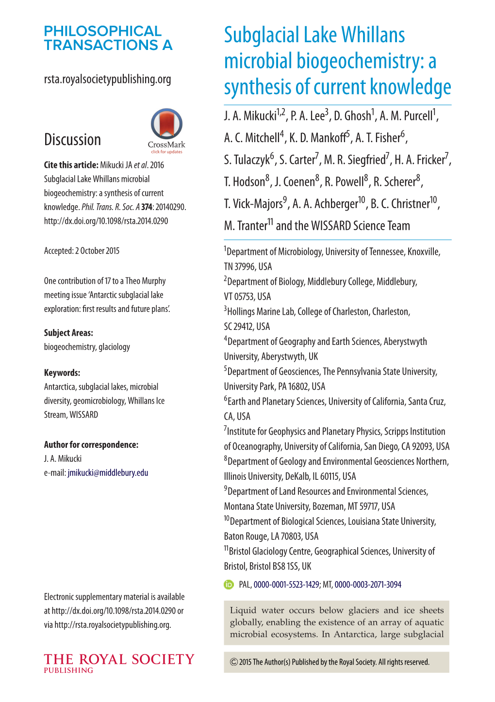 Subglacial Lake Whillans Microbial Biogeochemistry: a Synthesis Of