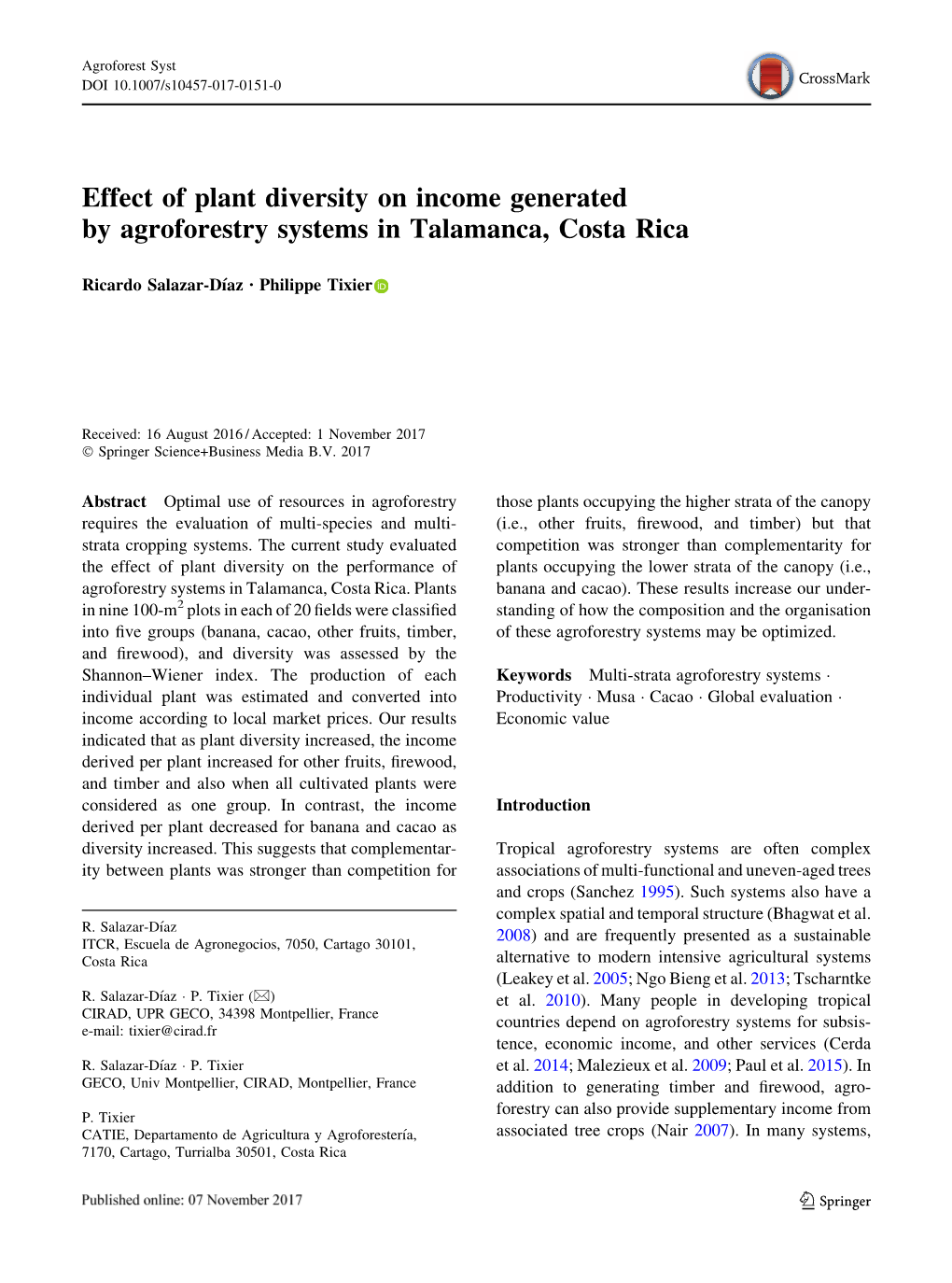 Effect of Plant Diversity on Income Generated by Agroforestry Systems in Talamanca, Costa Rica