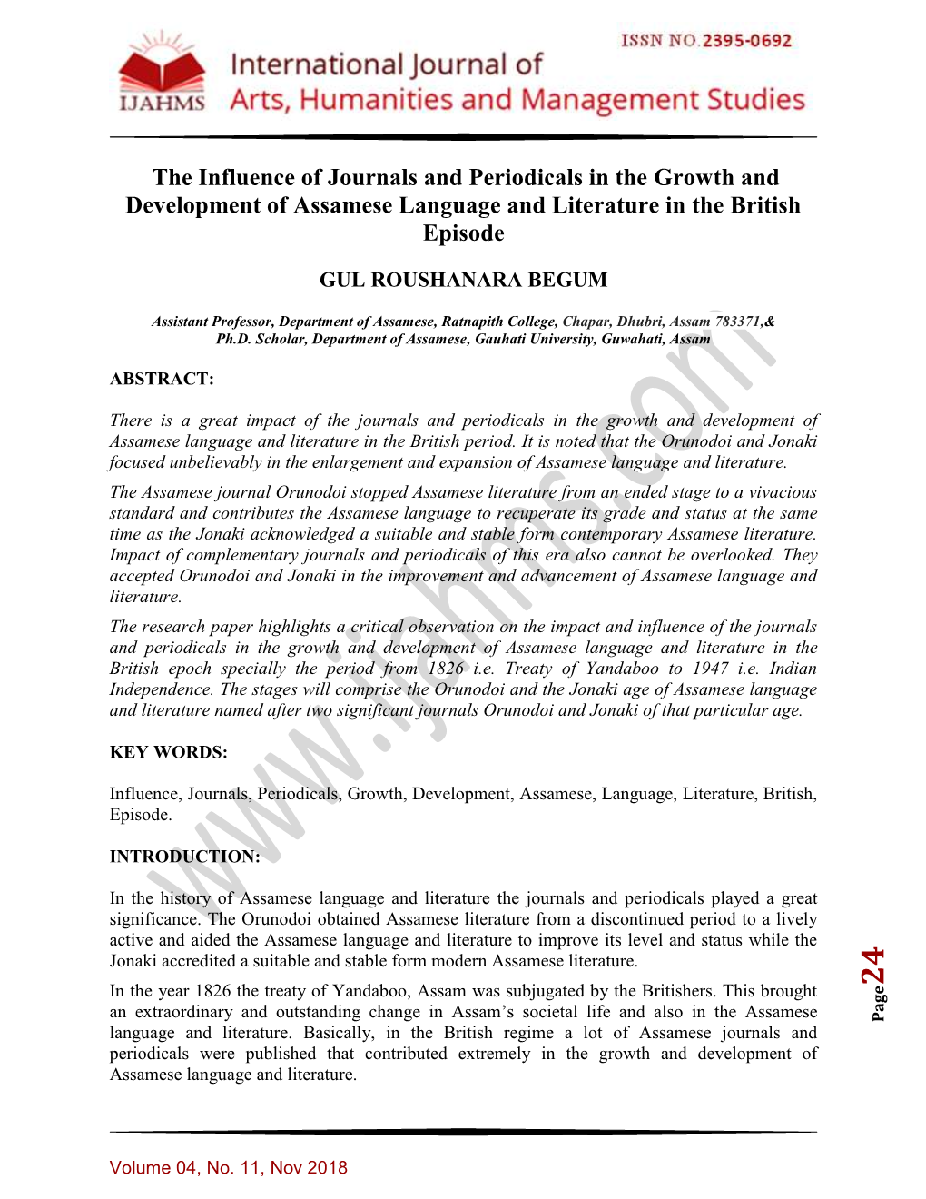 The Influence of Journals and Periodicals in the Growth and Development of Assamese Language and Literature in the British Episode