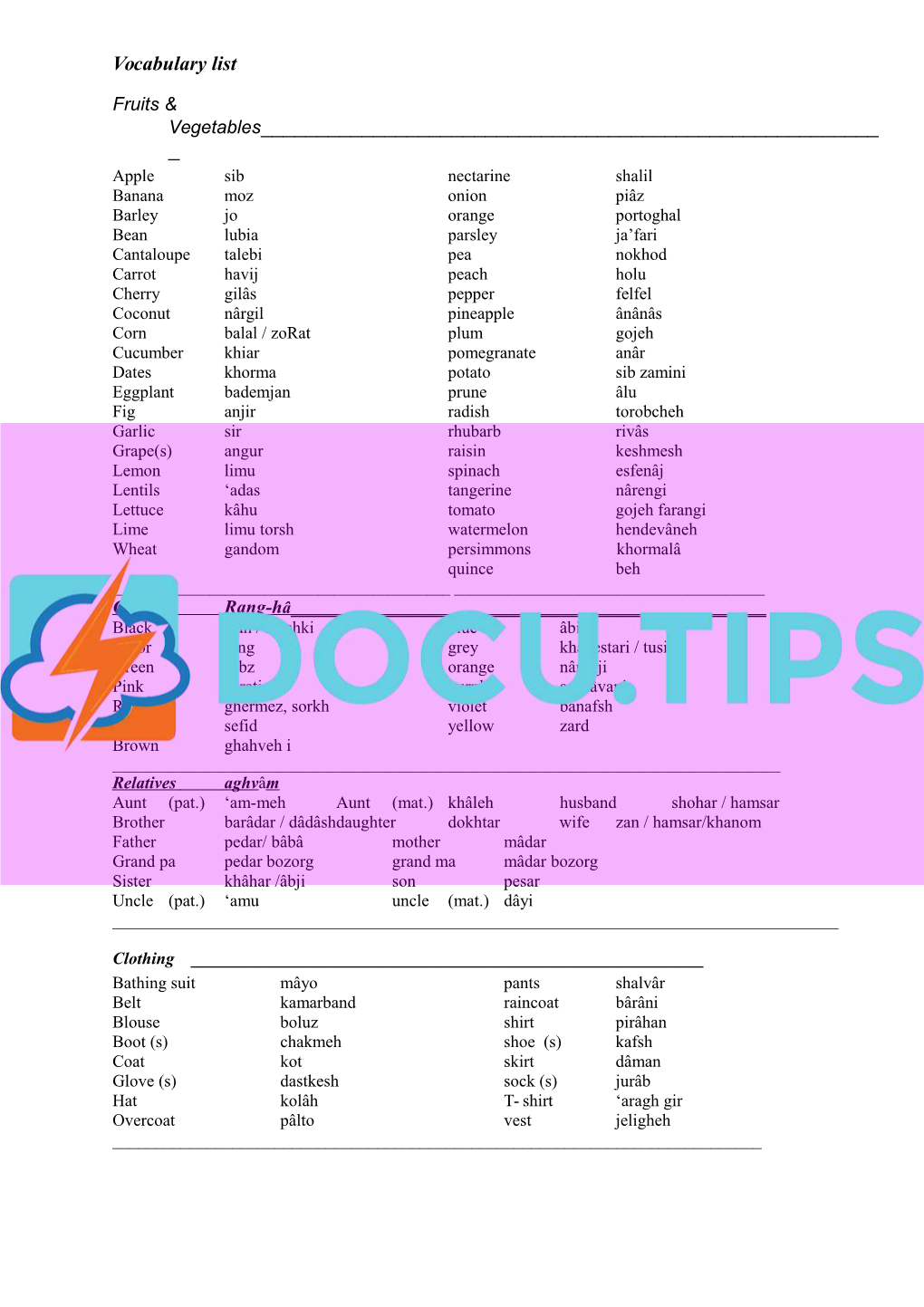 Persian Language (Farsi) Vocabulary