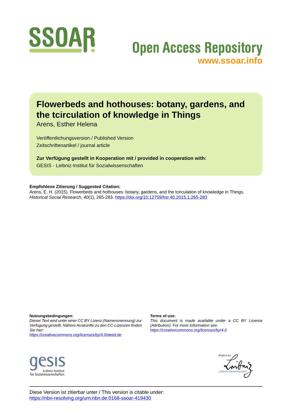 Flowerbeds and Hothouses: Botany, Gardens, and the Tcirculation of Knowledge in Things Arens, Esther Helena