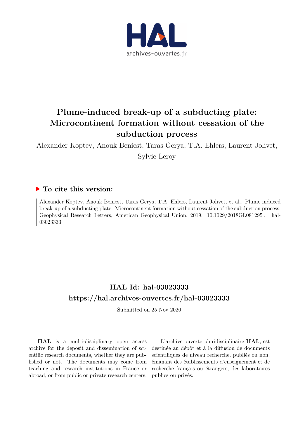 Microcontinent Formation Without Cessation of the Subduction Process Alexander Koptev, Anouk Beniest, Taras Gerya, T.A