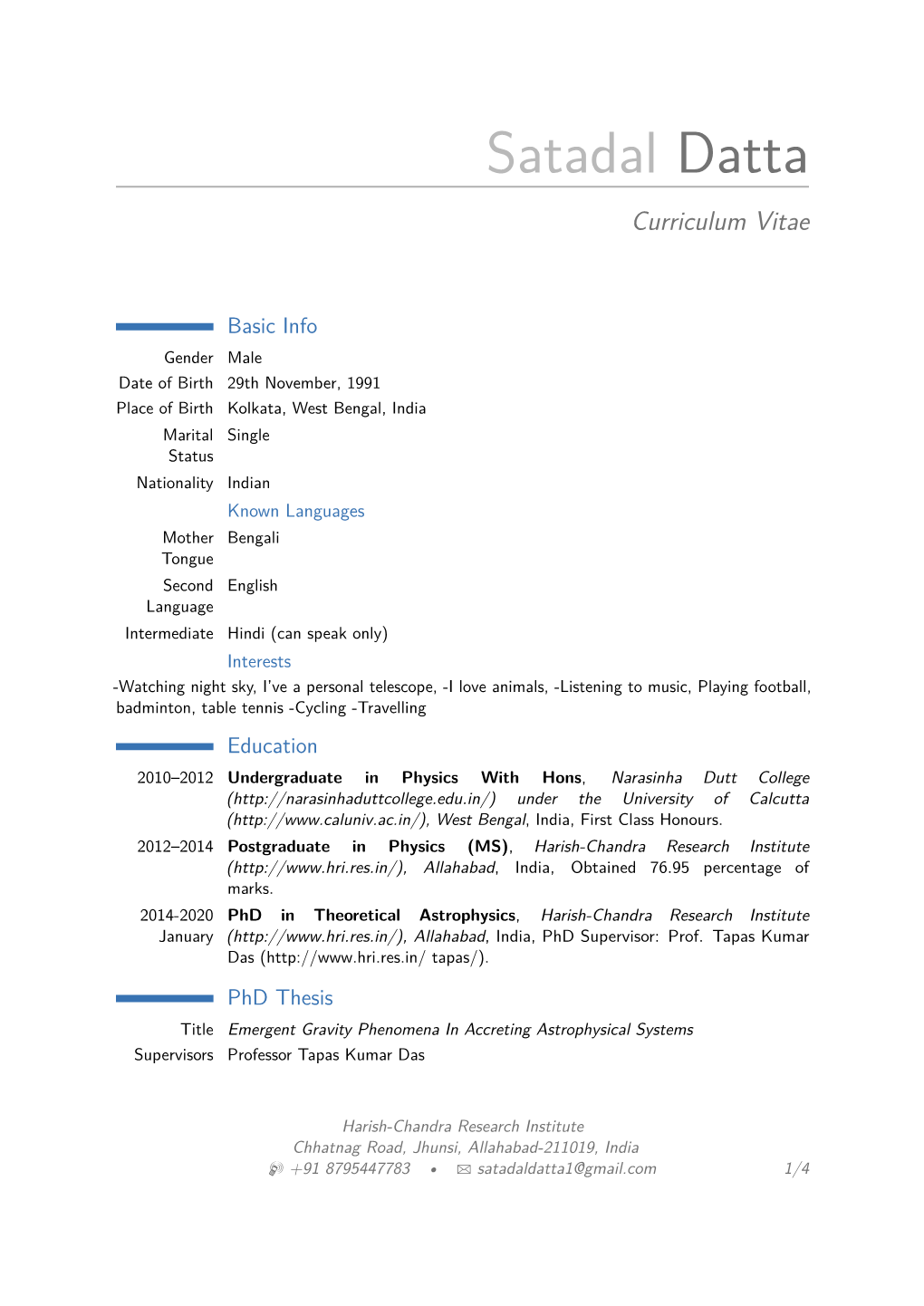 Satadal Datta – Curriculum Vitae