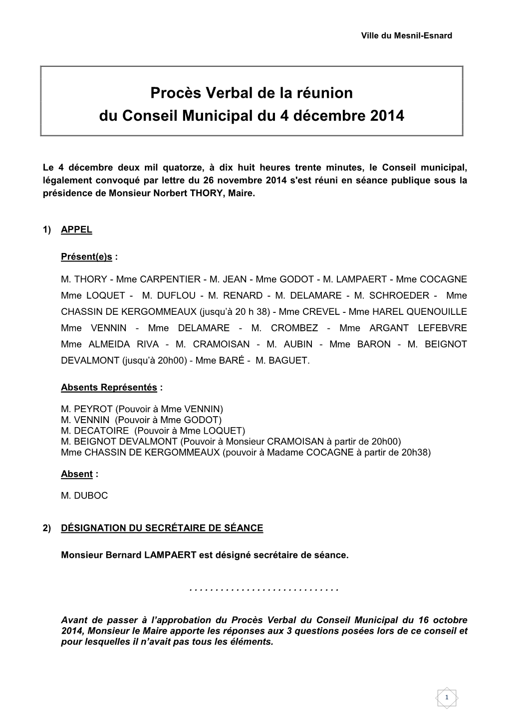 Procès Verbal De La Réunion Du Conseil Municipal Du 4 Décembre 2014