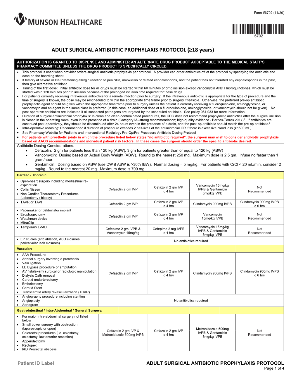 ADULT SURGICAL ANTIBIOTIC PROPHYLAXIS PROTOCOL (≥18 Years)