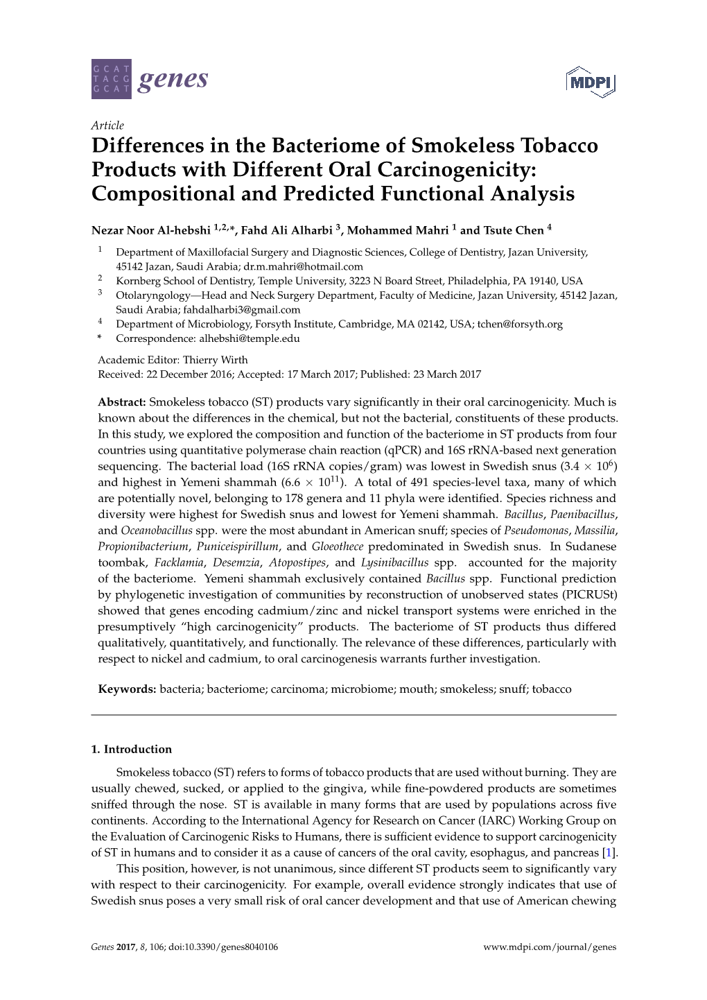 Differences in the Bacteriome of Smokeless Tobacco Products with Different Oral Carcinogenicity: Compositional and Predicted Functional Analysis