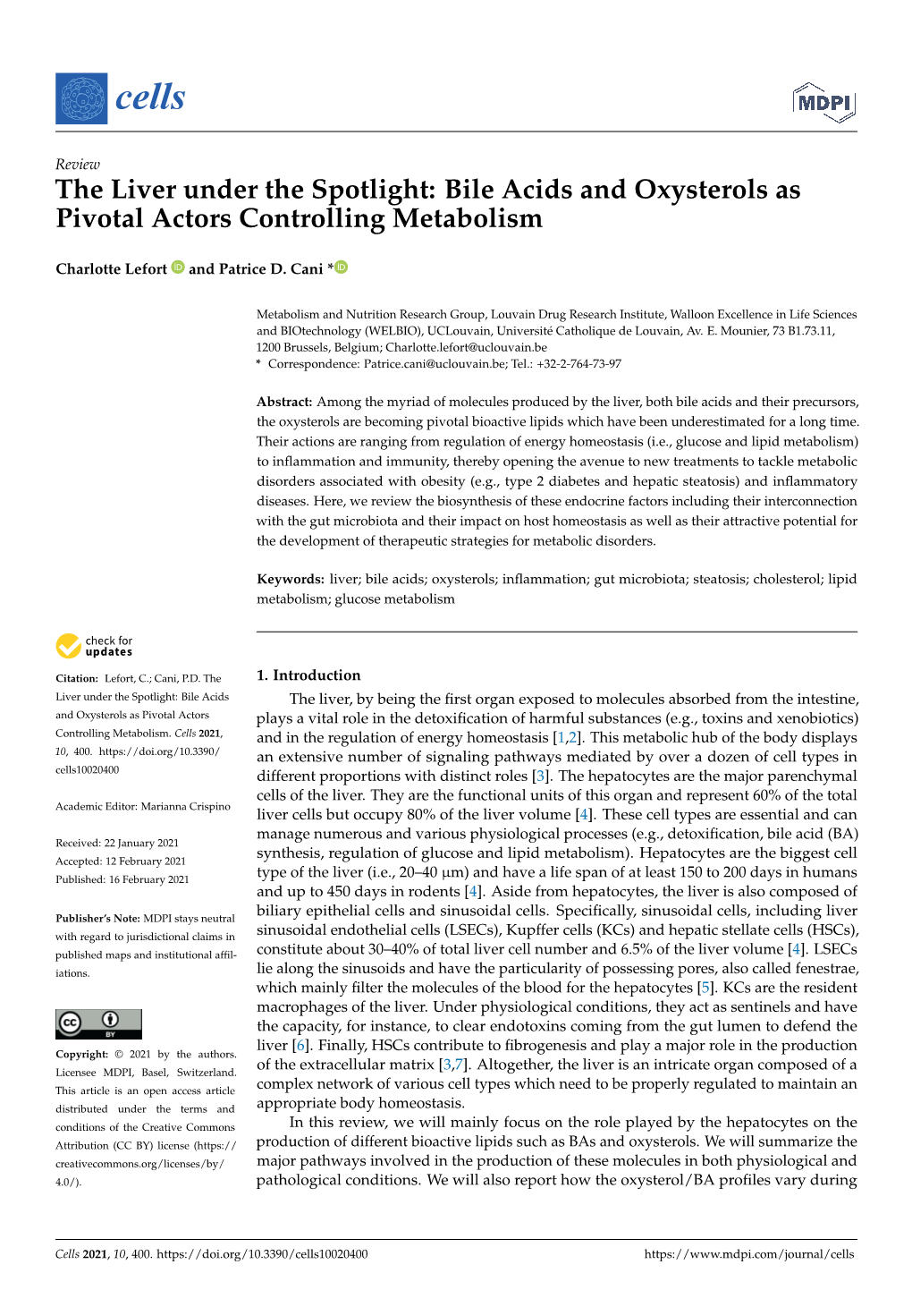 Bile Acids and Oxysterols As Pivotal Actors Controlling Metabolism