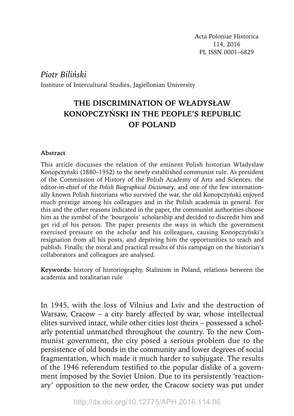 The Discrimination of Władysław Konopczyński in the People's Republic of Poland