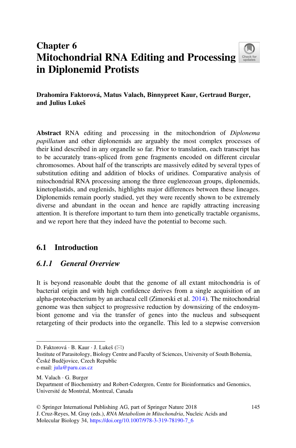 Mitochondrial RNA Editing and Processing in Diplonemid Protists