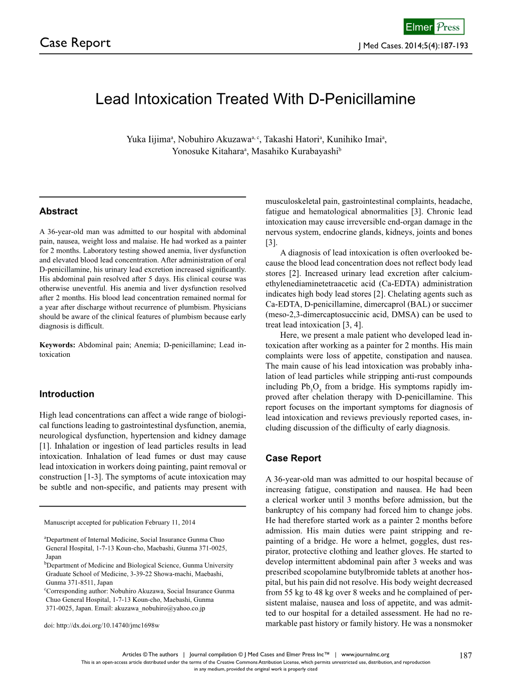 Lead Intoxication Treated with D-Penicillamine