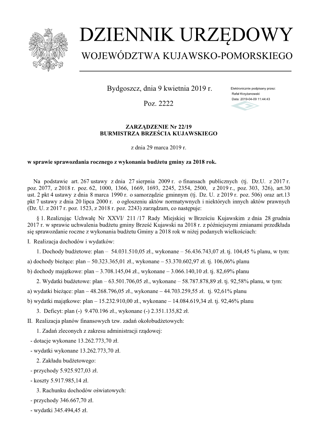 Zarządzenie Nr 22/19 Z Dnia 29 Marca 2019 R