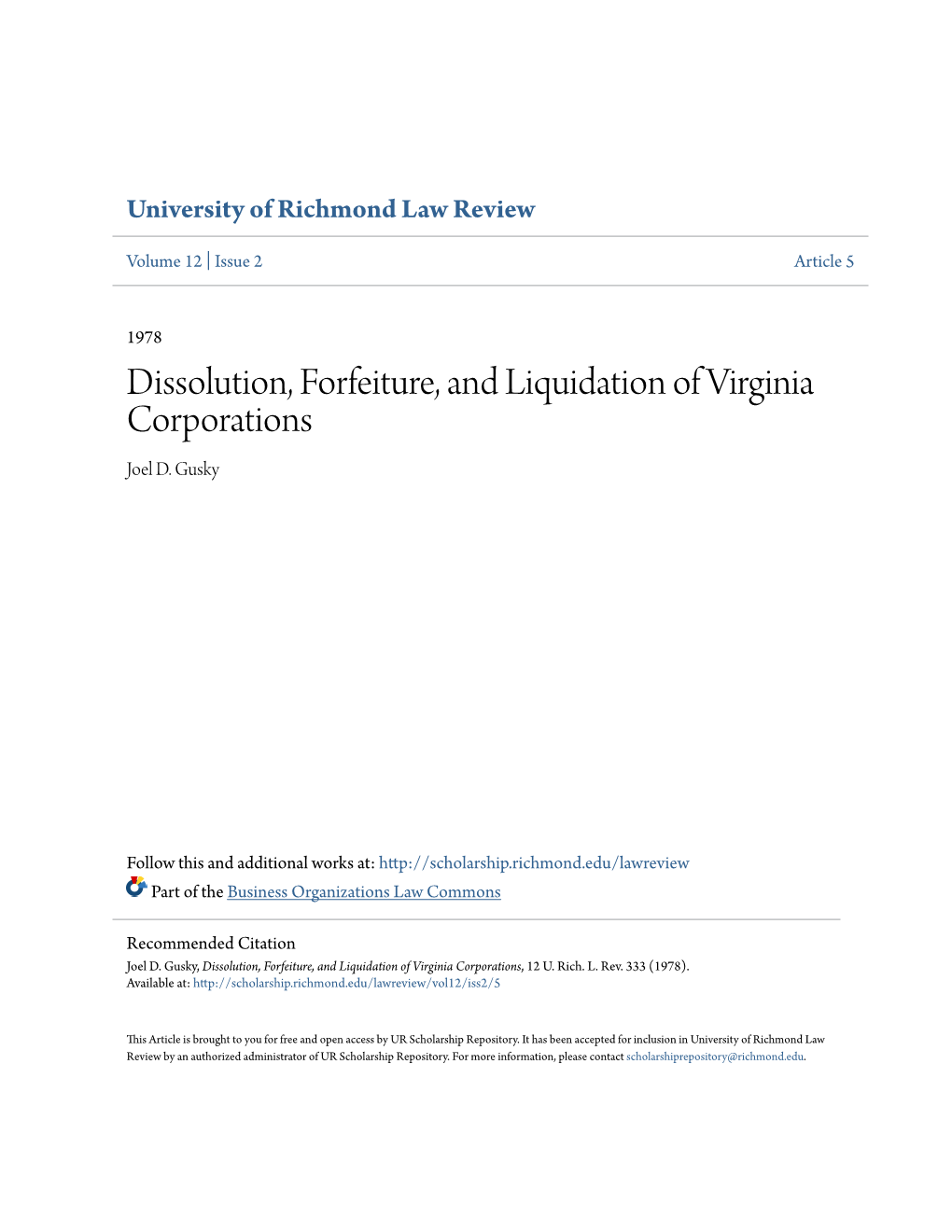 Dissolution, Forfeiture, and Liquidation of Virginia Corporations Joel D