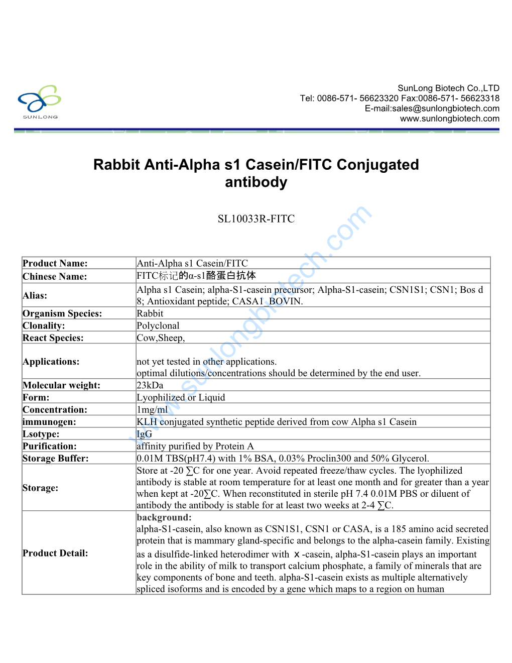 Rabbit Anti-Alpha S1 Casein/FITC Conjugated Antibody