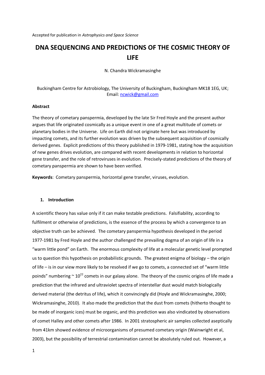 Dna Sequencing and Predictions of the Cosmic Theory of Life