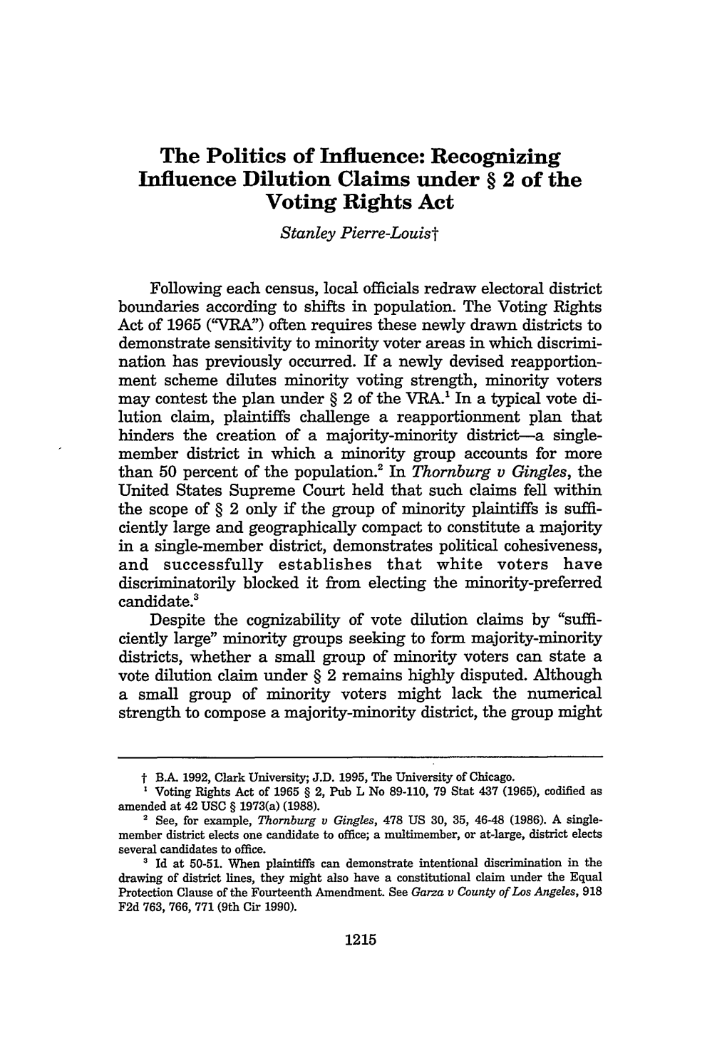 Recognizing Influence Dilution Claims Under Section 2 of the Voting