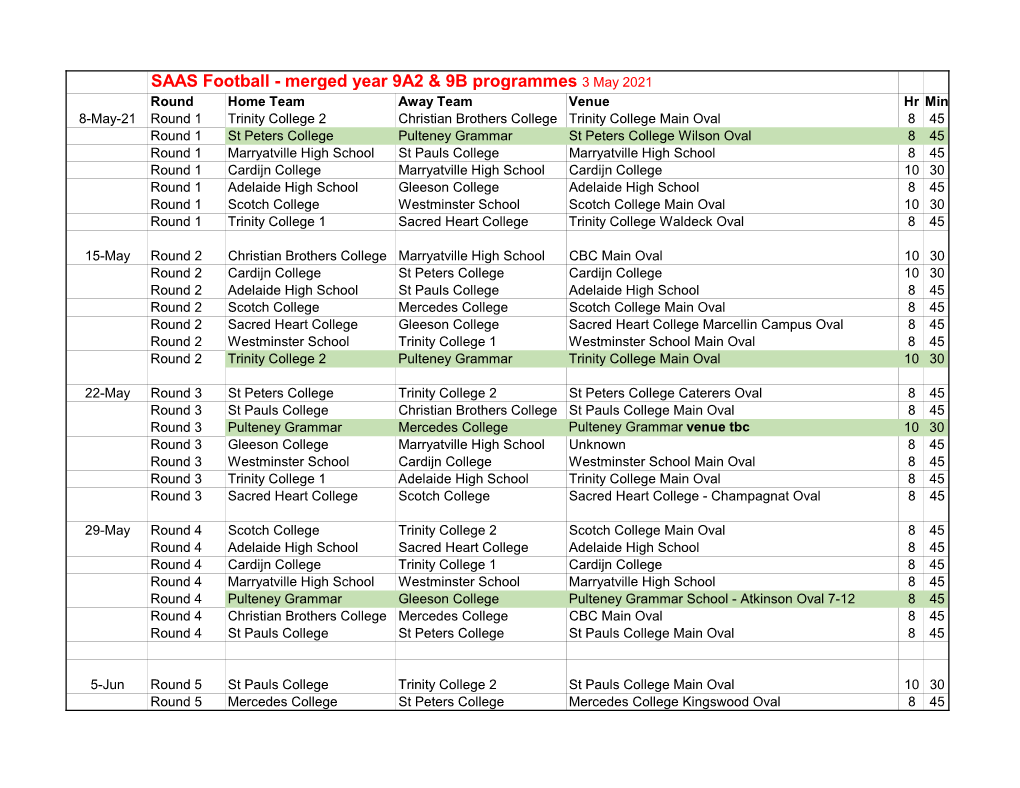 AFL Year 9A2 B Merged Draw 2021