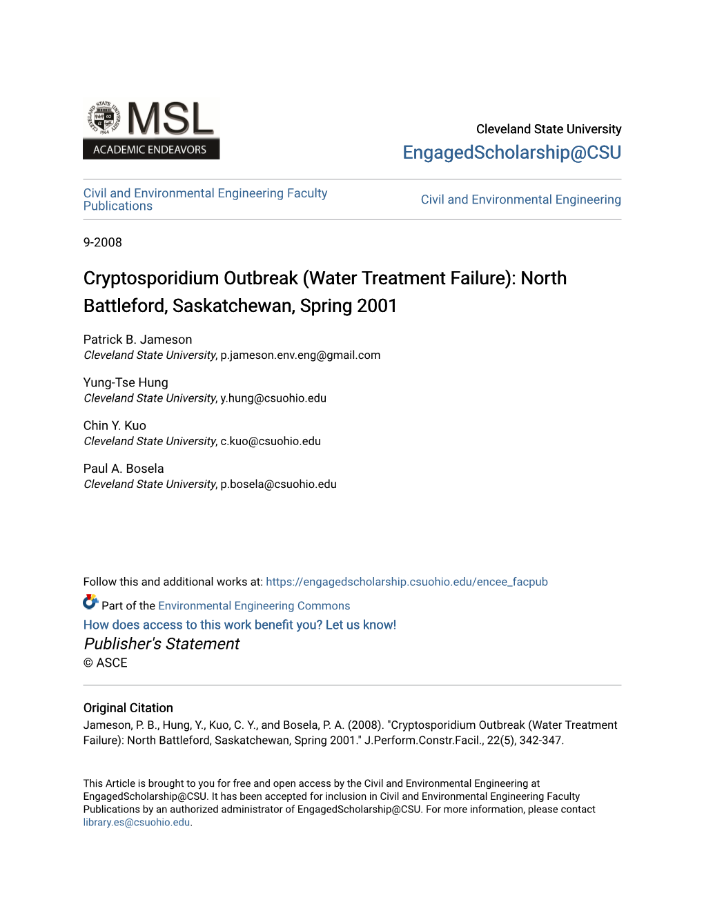 Cryptosporidium Outbreak (Water Treatment Failure): North Battleford, Saskatchewan, Spring 2001