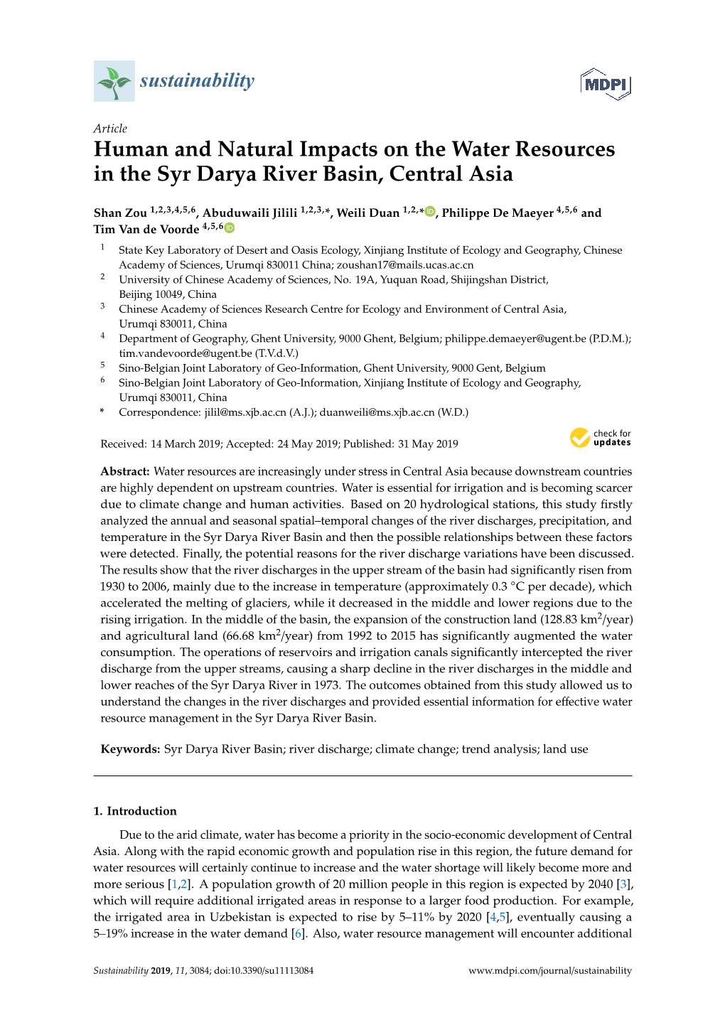 Human and Natural Impacts on the Water Resources in the Syr Darya River Basin, Central Asia