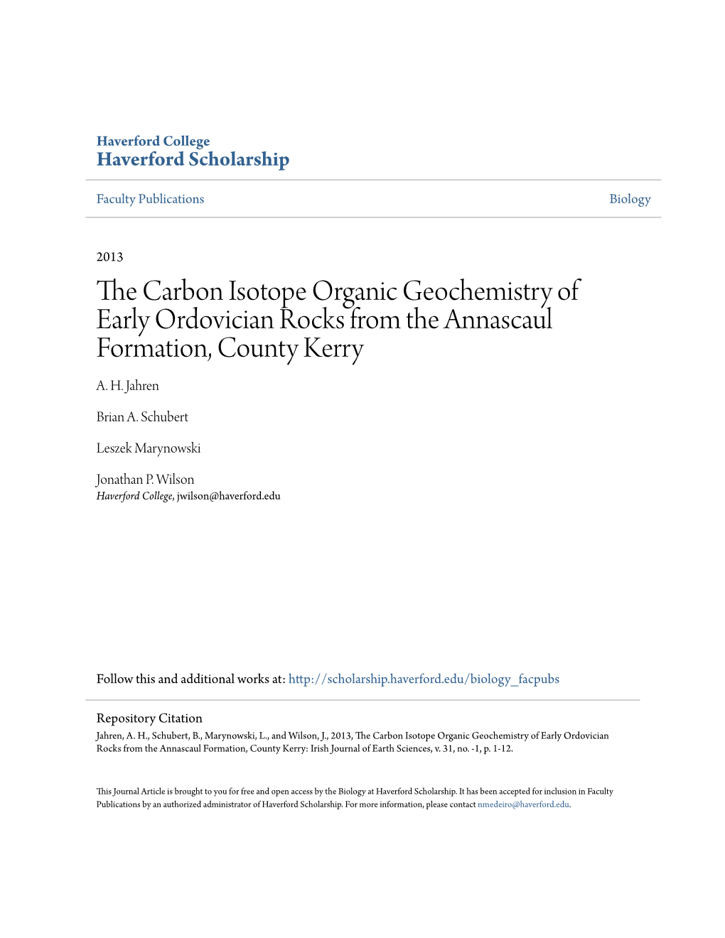 The Carbon Isotope Organic Geochemistry of Early Ordovician Rocks from the Annascaul Formation, County Kerry