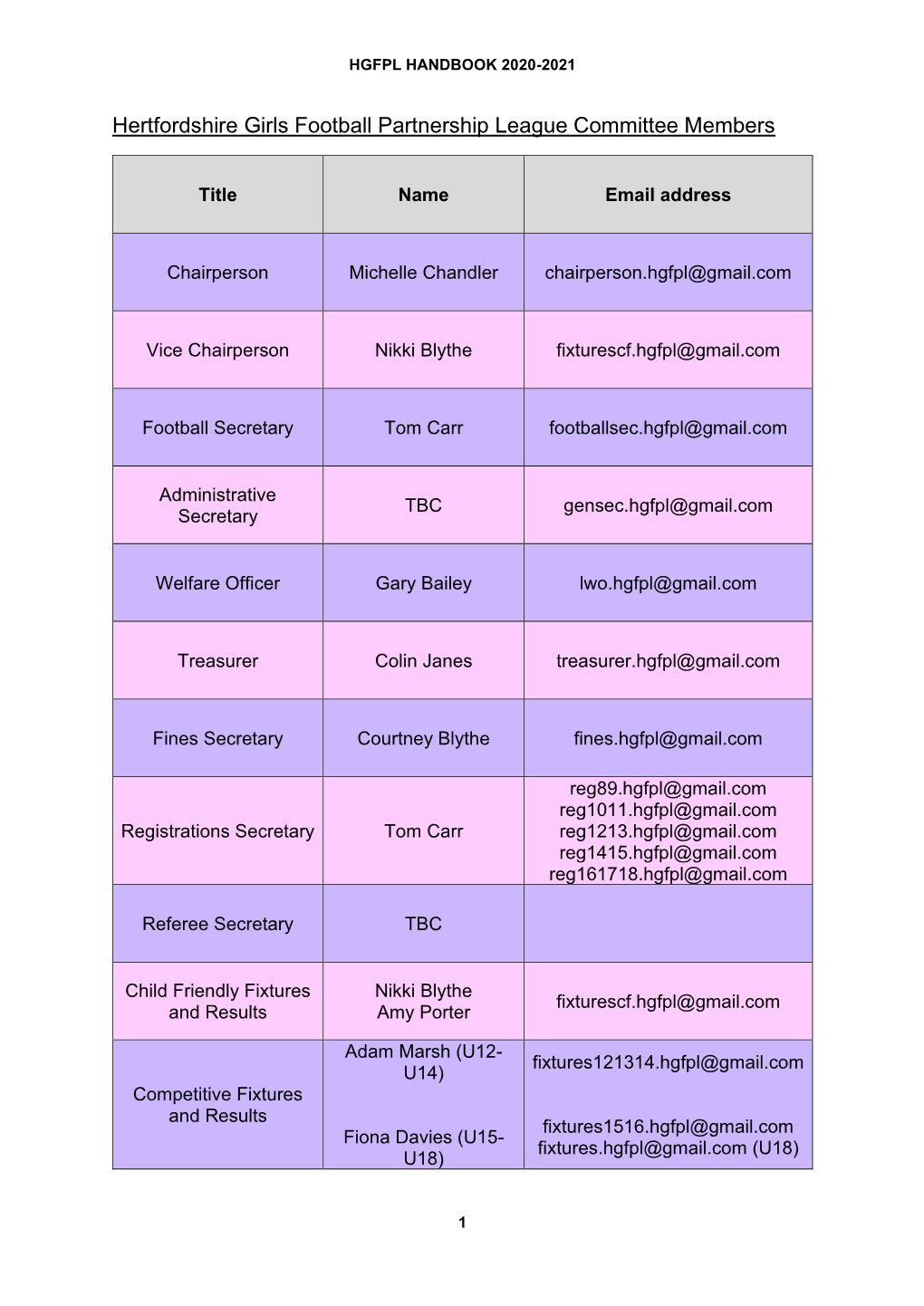 Hertfordshire Girls Football Partnership League Committee Members