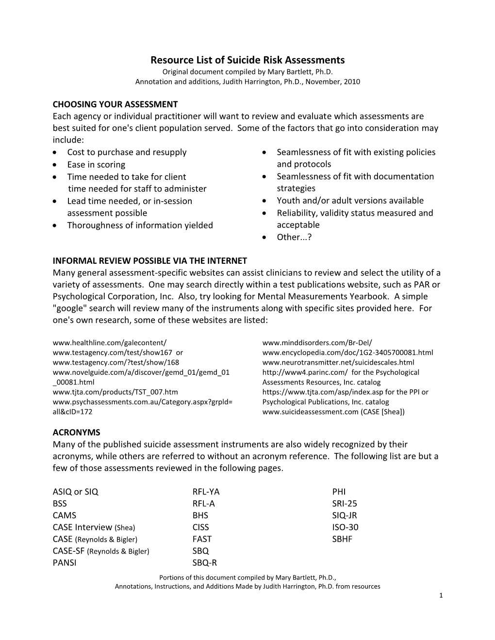 Resource List of Suicide Risk Assessments (PDF)