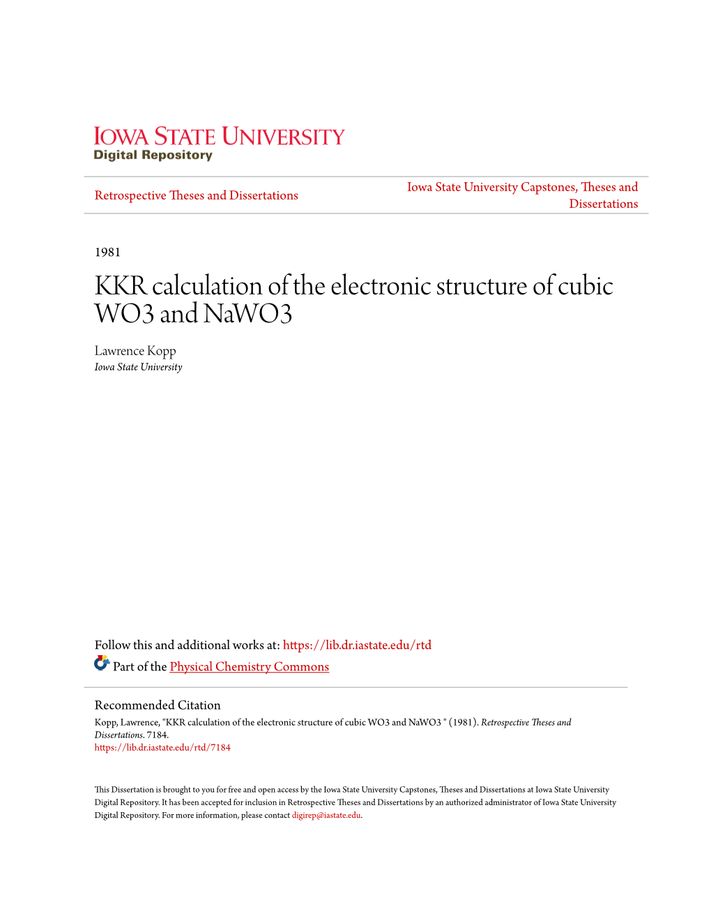 KKR Calculation of the Electronic Structure of Cubic WO3 and Nawo3 Lawrence Kopp Iowa State University