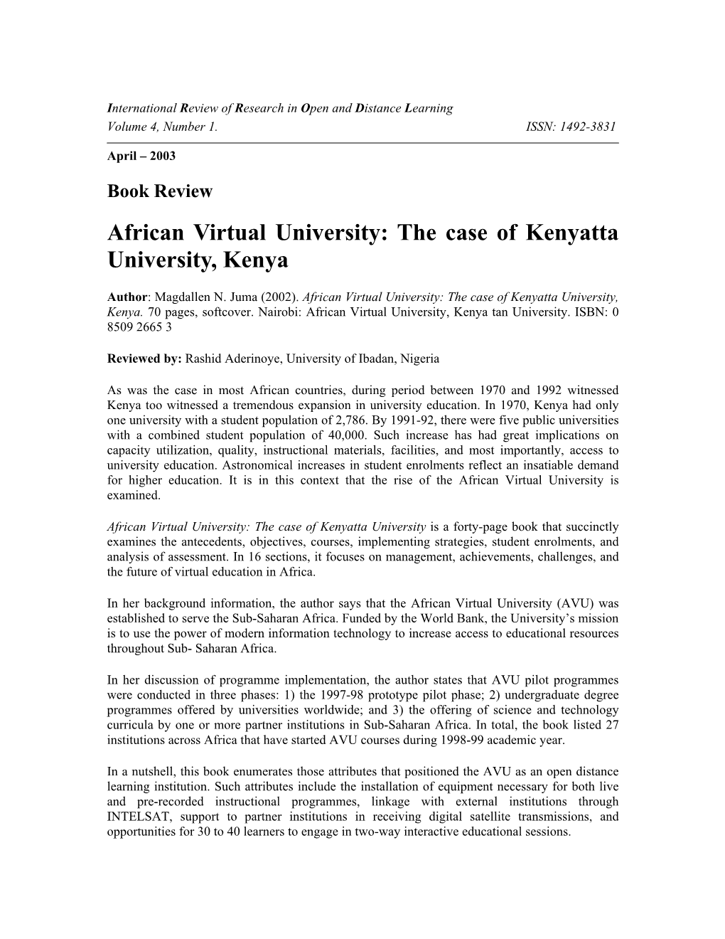 African Virtual University: the Case of Kenyatta University, Kenya