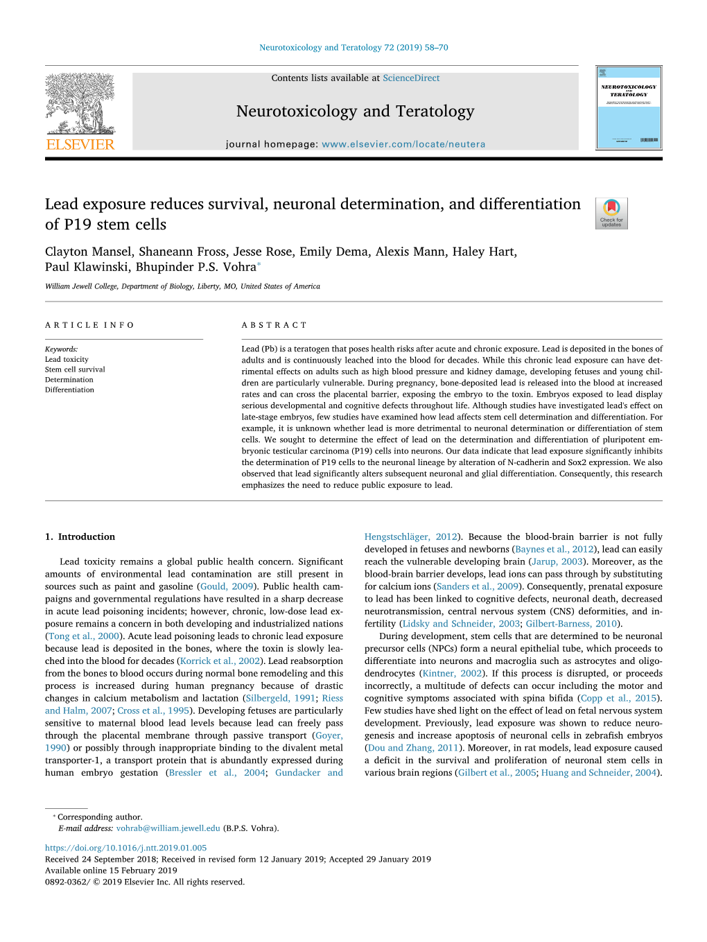 Lead Exposure Reduces Survival, Neuronal Determination, and Diﬀerentiation of P19 Stem Cells T