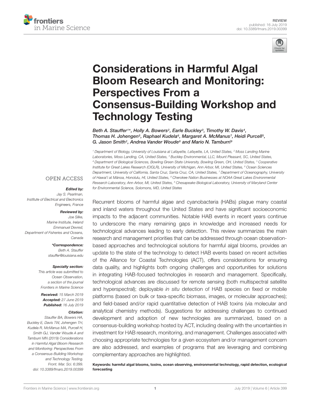 Considerations in Harmful Algal Bloom Research and Monitoring: Perspectives from a Consensus-Building Workshop and Technology Testing