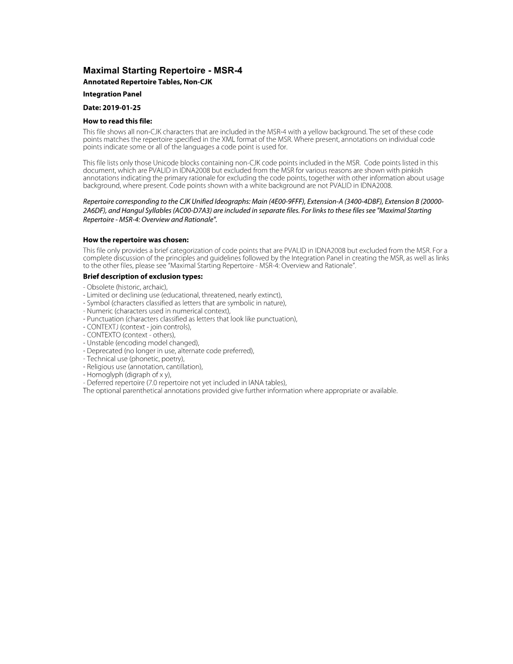 MSR-4: Annotated Repertoire Tables, Non-CJK