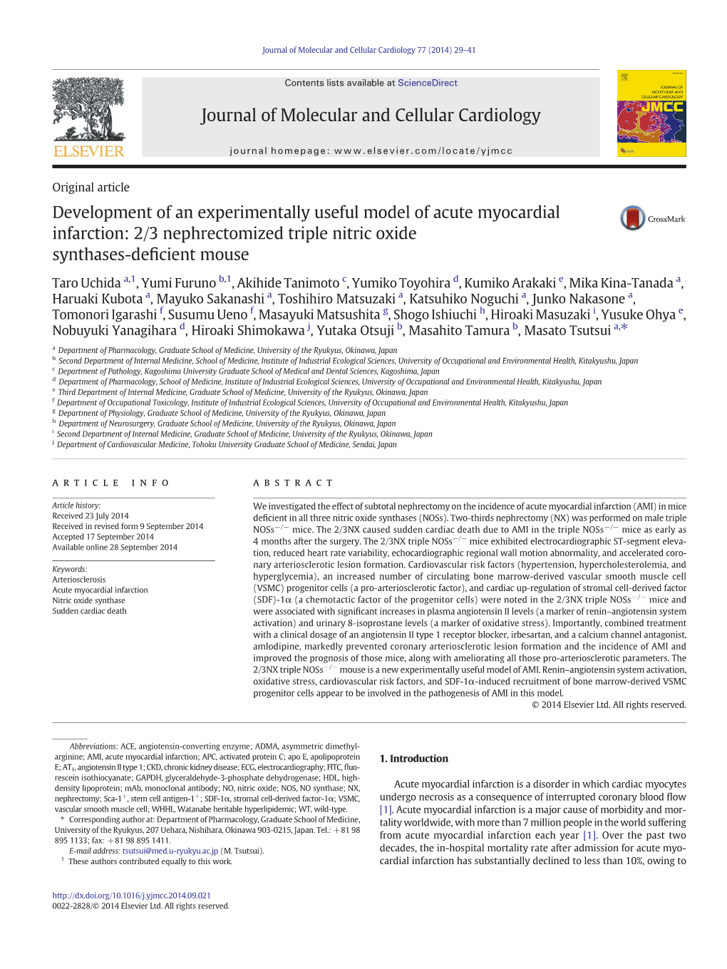 Development of an Experimentally Useful Model of Acute Myocardial Infarction: 2/3 Nephrectomized Triple Nitric Oxide Synthases-Deﬁcient Mouse