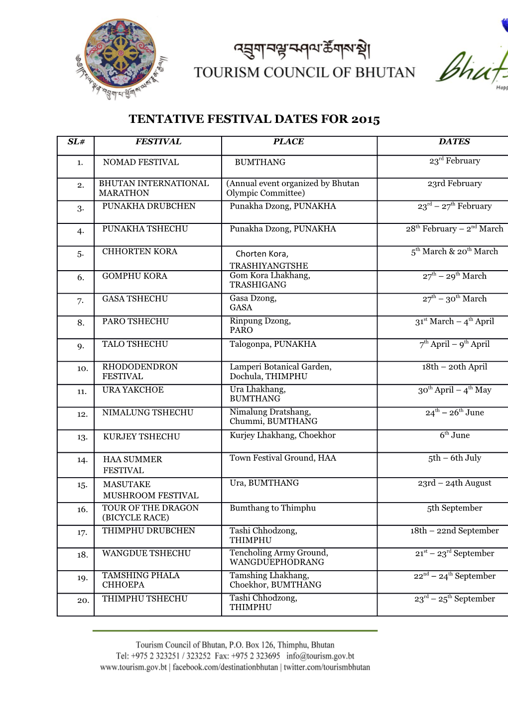 Tentative Festival Dates for 2015