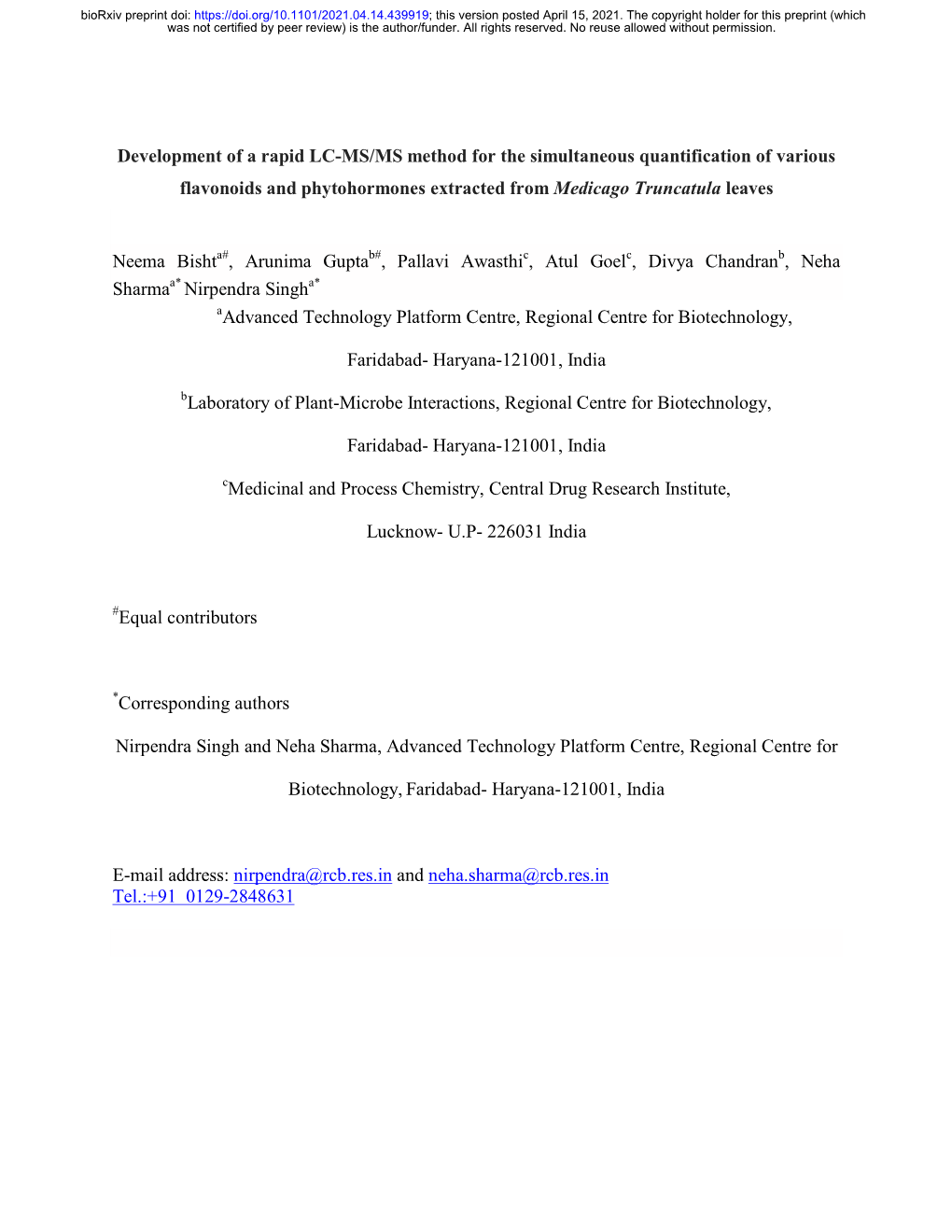 Development of a Rapid LC-MS/MS Method for the Simultaneous Quantification of Various Flavonoids and Phytohormones Extracted from Medicago Truncatula Leaves