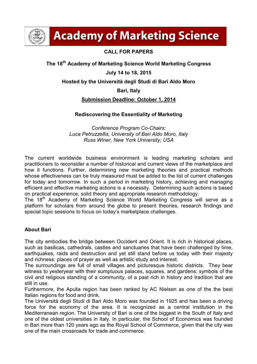 CALL for PAPERS the 18 Academy of Marketing Science World