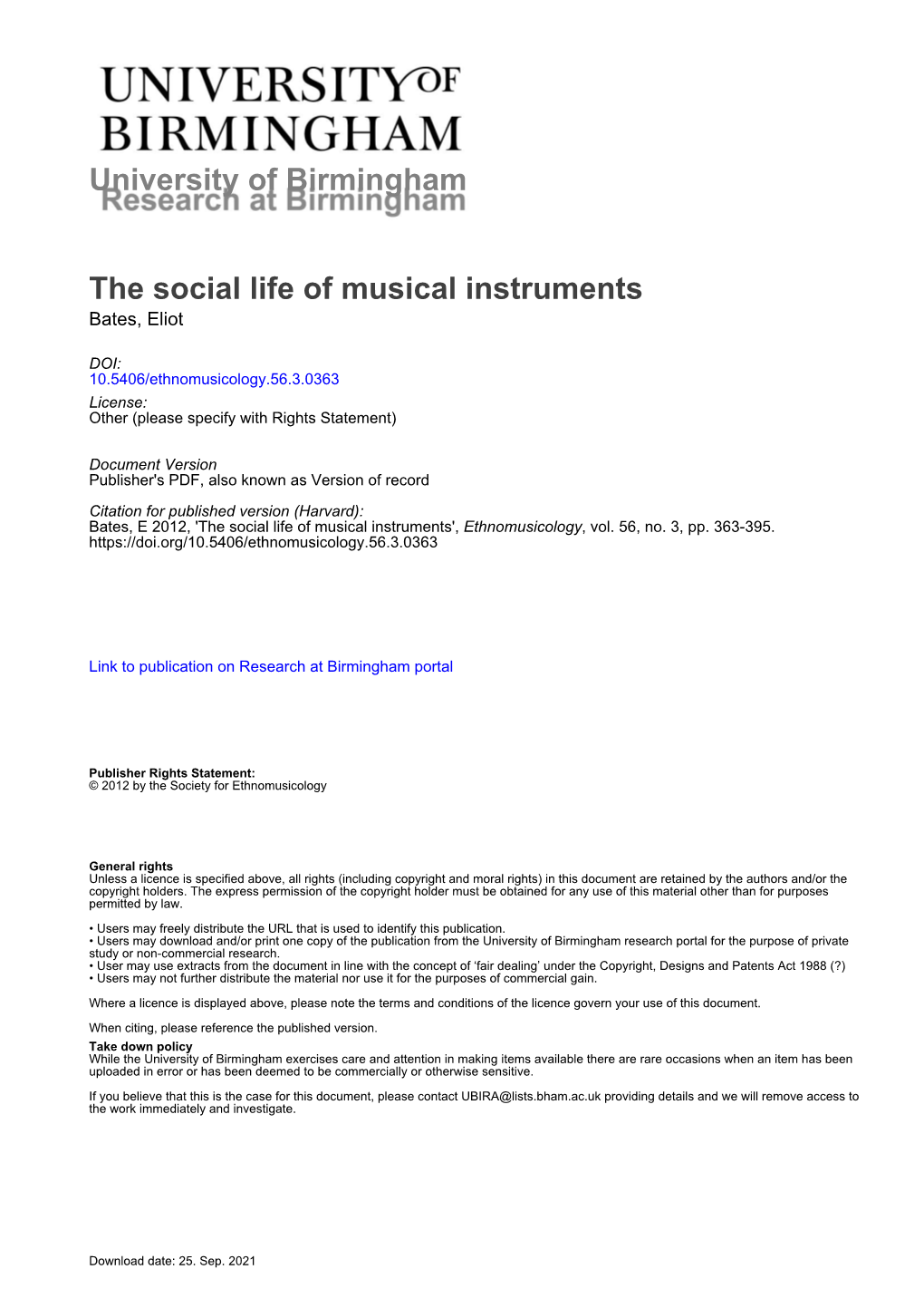 The Social Life of Musical Instruments Bates, Eliot