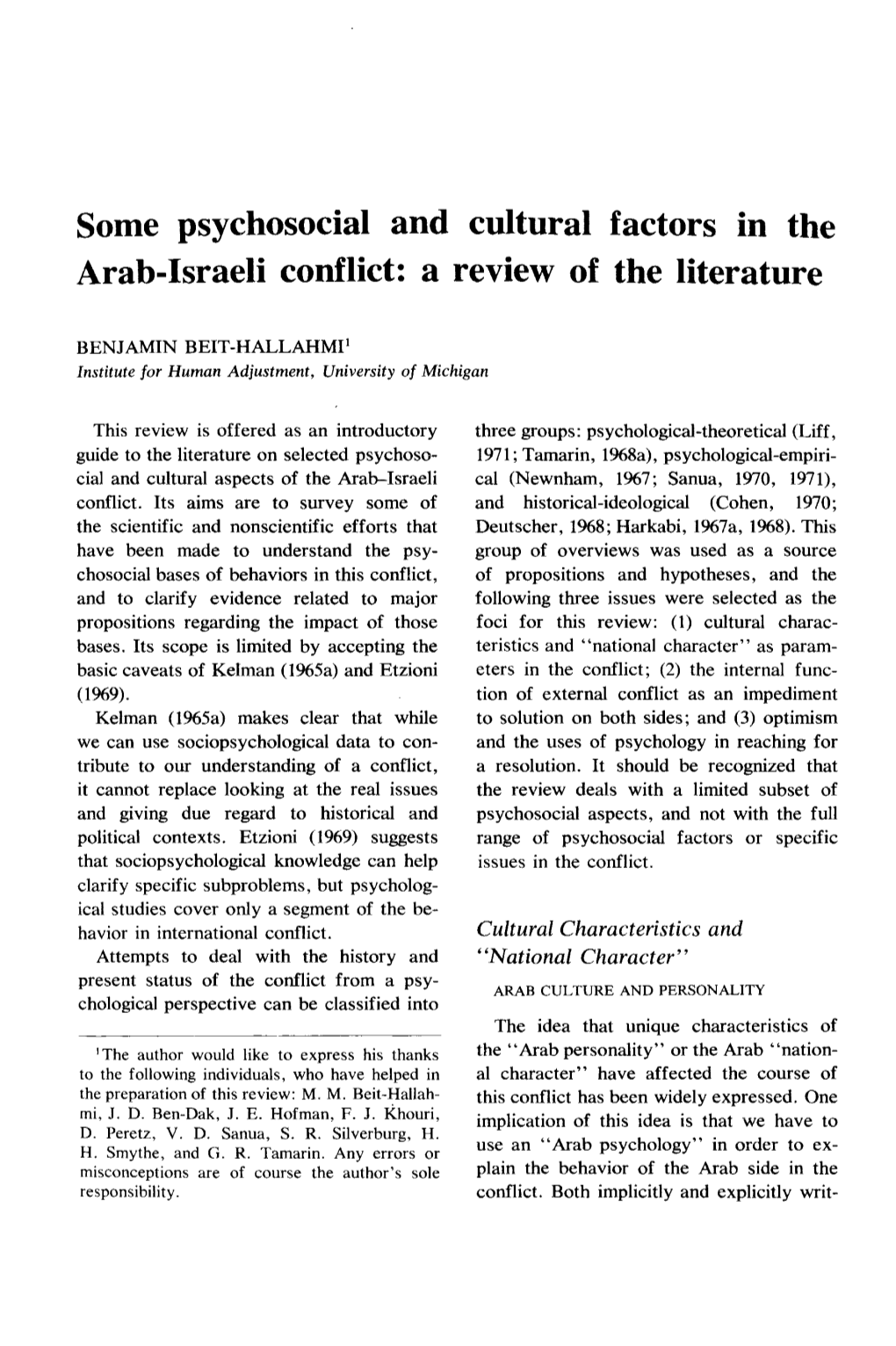 Some Psychosocial and Cultural Factors in the Arab-Israeli Conflict: a Review of the Literature