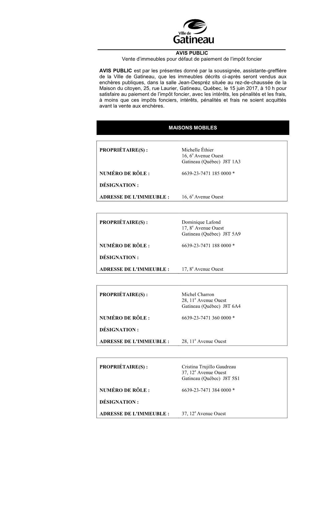 AVIS PUBLIC Vente D'immeubles Pour Défaut De Paiement De L'impôt