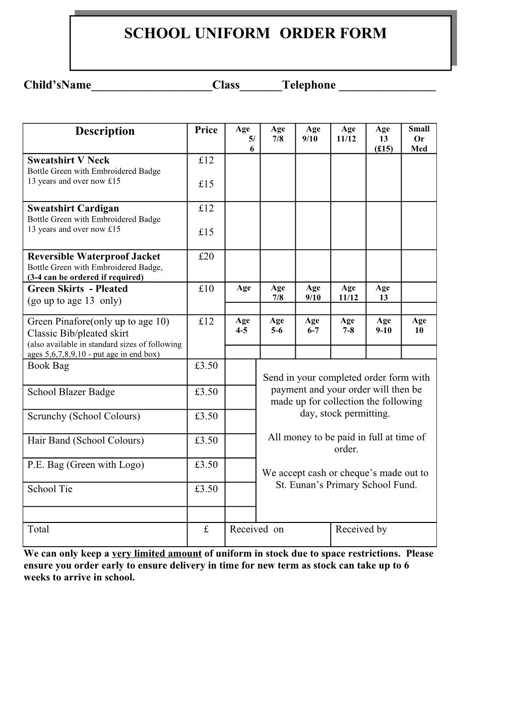 School Uniform Price List