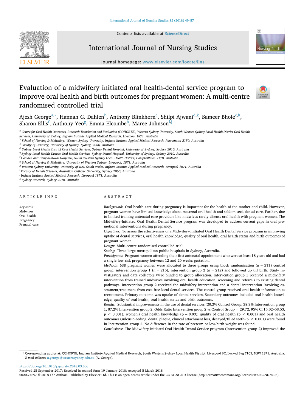 Evaluation of a Midwifery Initiated Oral Health-Dental Service Program To