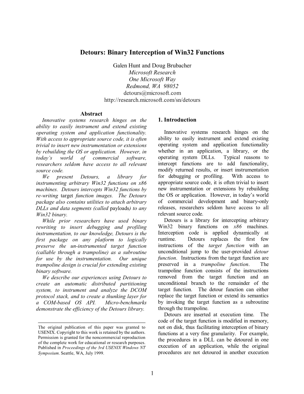 Detours: Binary Interception of Win32 Functions